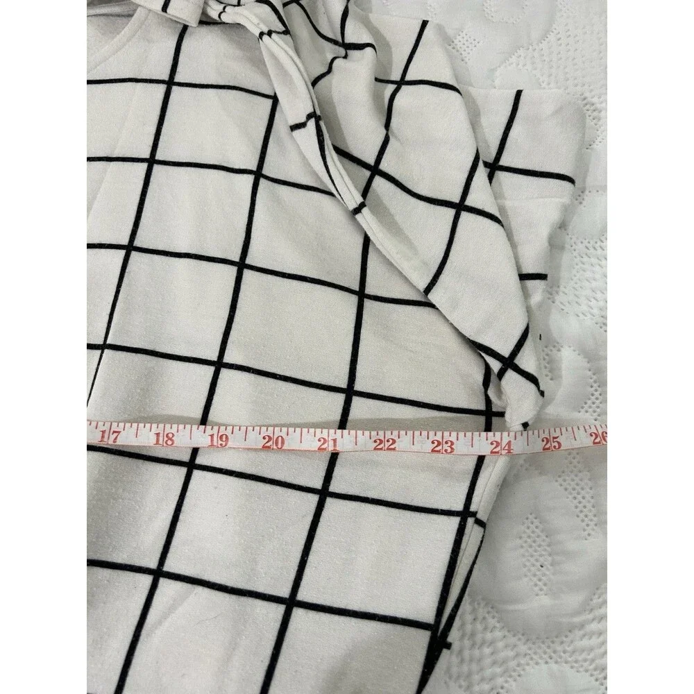 J.Crew Womens Sz L Top White With Black Grid 3/4 Sleeve Round Neck Tie Bottom